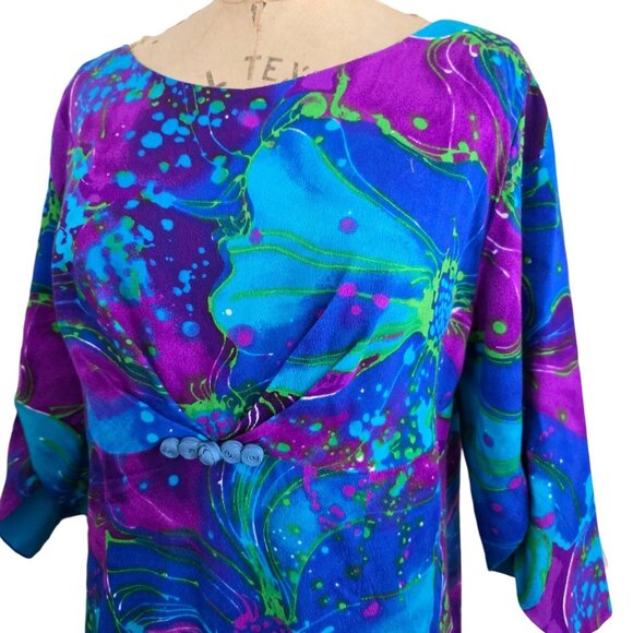 Vintage Hawaiian Togs Bark Cloth Maxi Dress Blue Purple - Picture 2 of 5